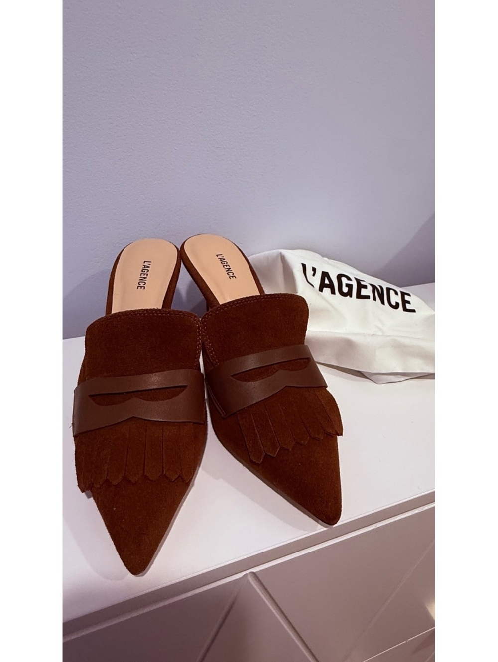 L'AGENCE Brown Suede Pointed Toe Mule Heels with Leather Detail Size 6.5